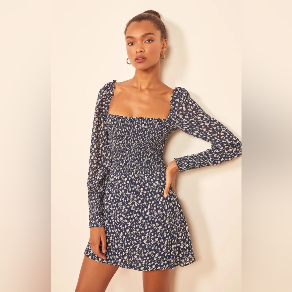 Reformation Kelli Smocked Bodice Fit & Flare Minidress Floral Blue White Size M